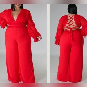 Red Lace-Back Wide-Leg Jumpsuit - Unbranded